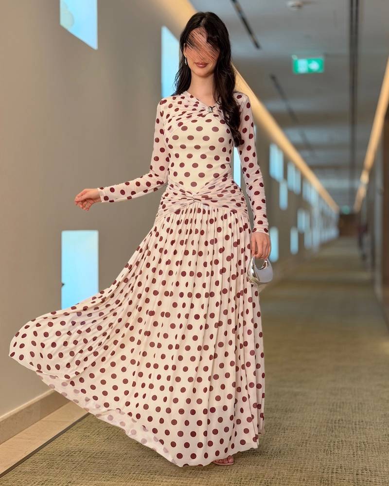 Long polka dot dress with sheer sleeves