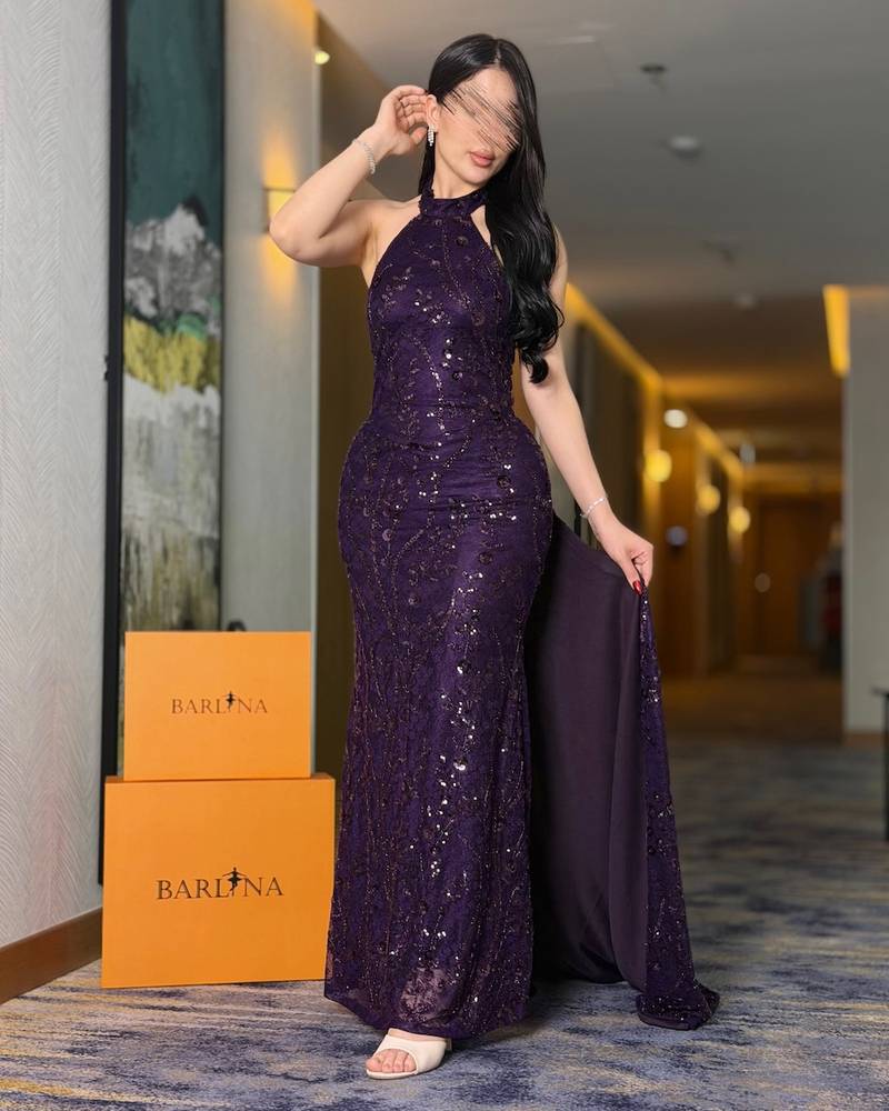 Purple lace evening dress with a high hem