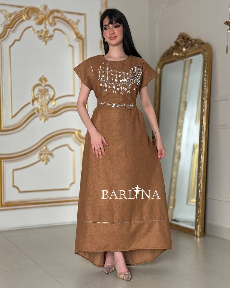 Light brown jalabiya with delicate embroidery