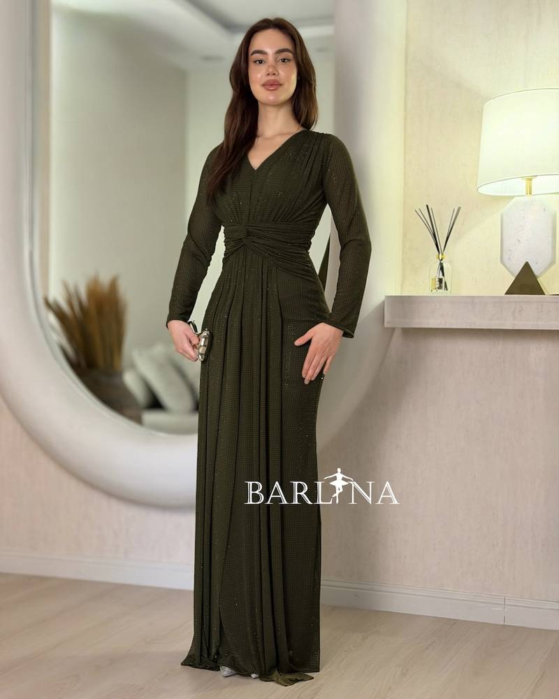 Elegant dark olive dress with a draped design