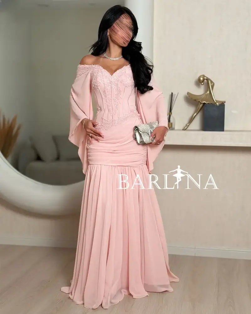 Long pink evening dress with wide sleeves