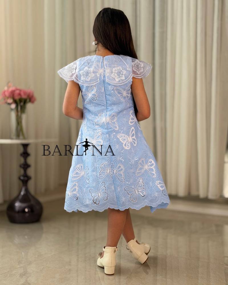 Girls' blue dress with butterfly print