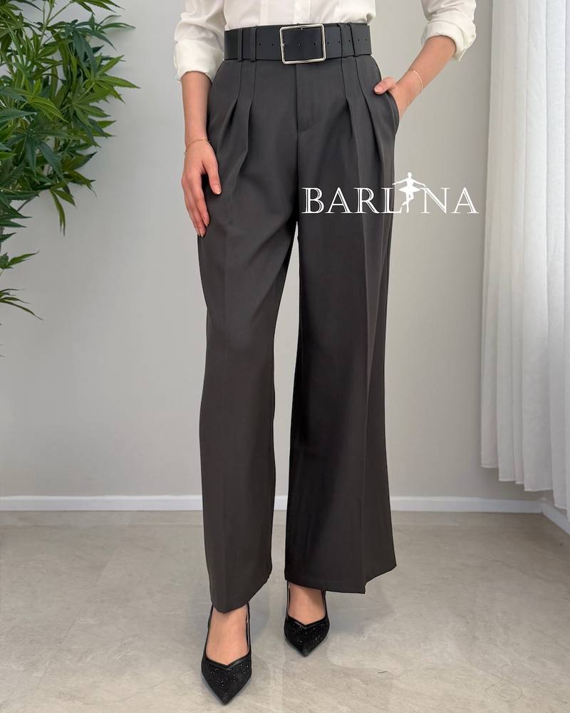 Dark gray formal trousers with a wide belt
