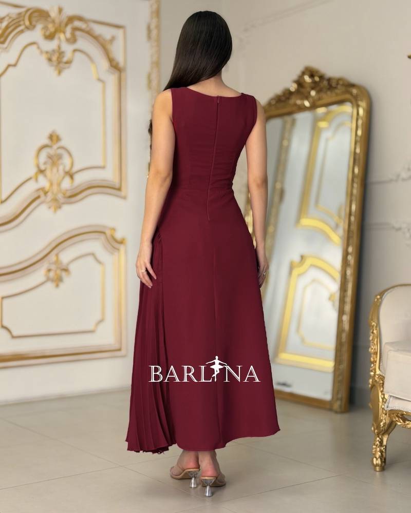 Burgundy dress with beaded floral embroidery