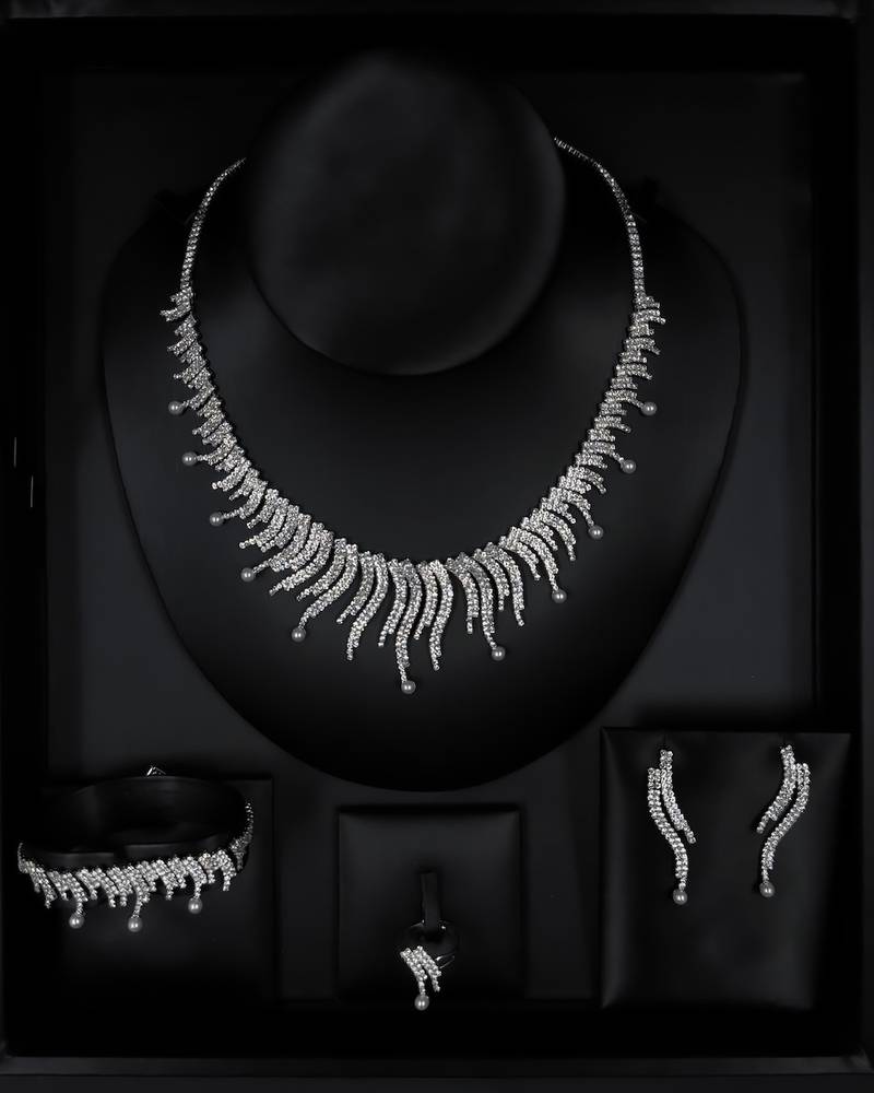 A luxurious set studded with crystals and pearls