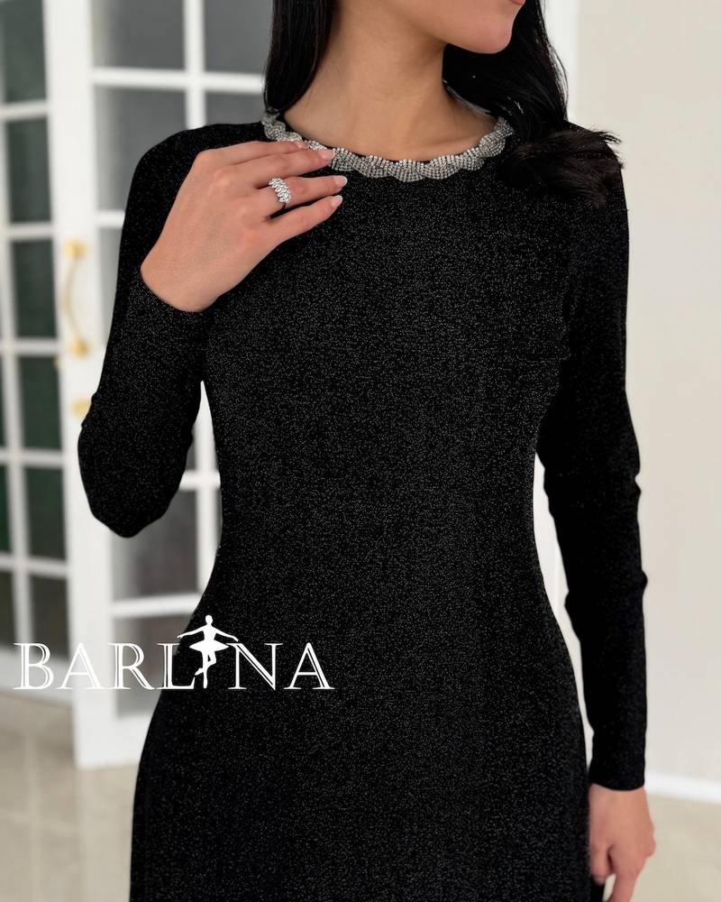 A shiny black dress with a wide cut and a studded collar