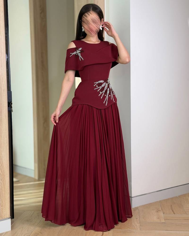 Burgundy Off-Shoulder Beaded Dress
