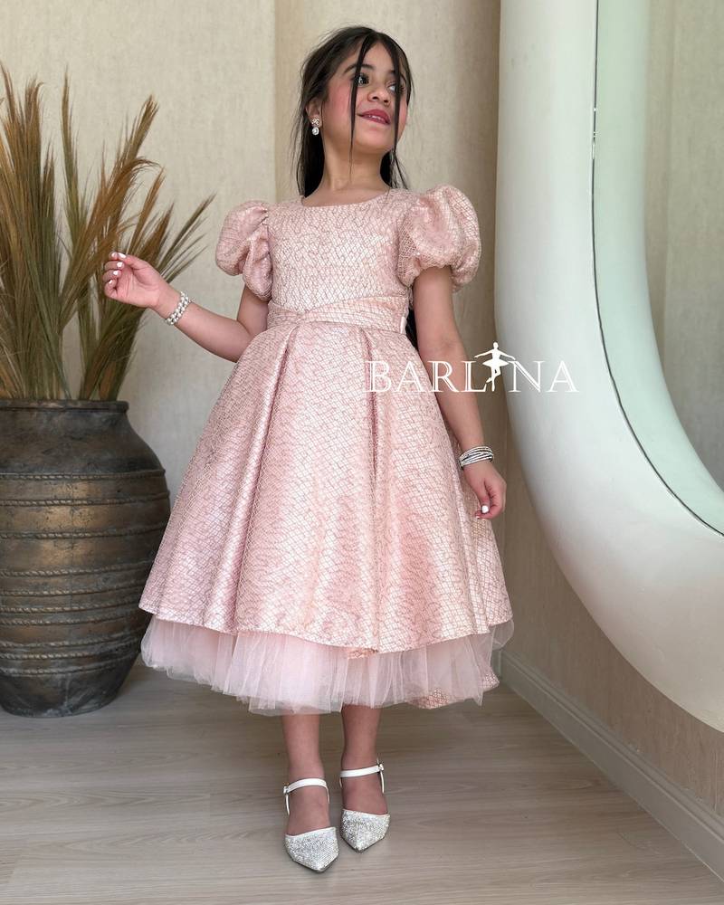 Pink fluffy girl's dress with puff sleeves