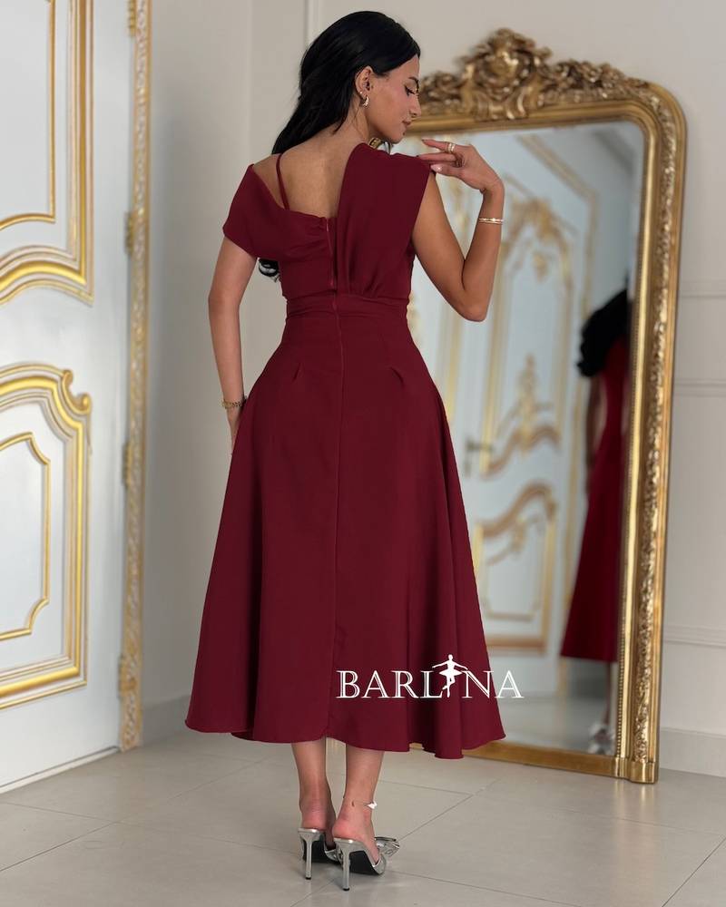 Soft burgundy midi one-shoulder dress