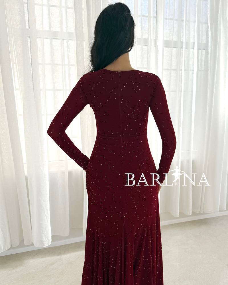 Burgundy velvet dress adorned with shimmering dots