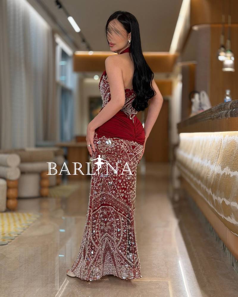 Burgundy evening dress with luxurious silver embroidery