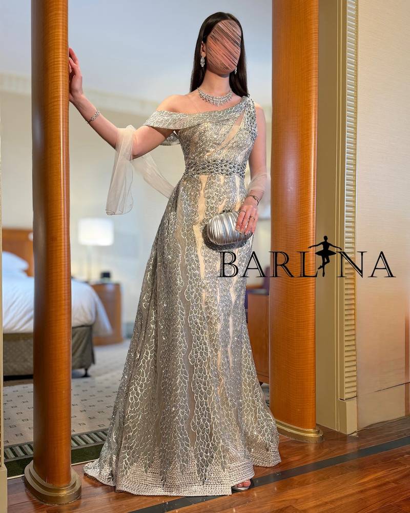 Beige one-shoulder dangling evening dress