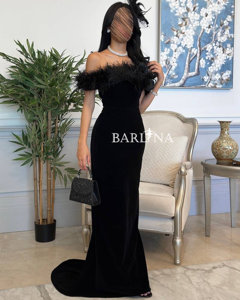 Black Velvet Maxi Dress with Feather Shoulders