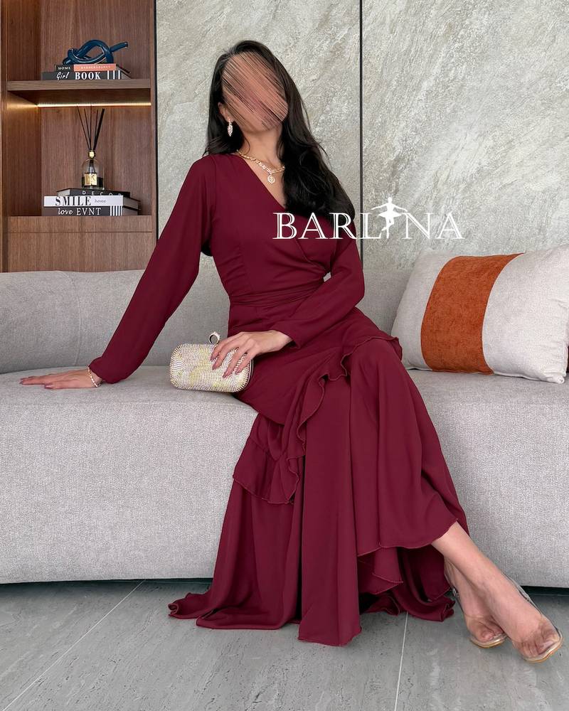 Modest burgundy dress with long sleeves
