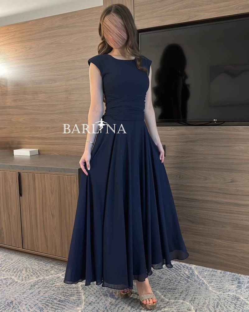 Navy blue chiffon dress with back tie detail