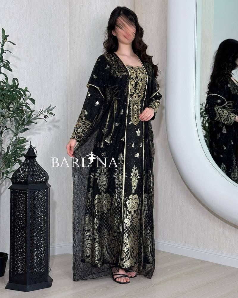 Luxurious jalabiya with sheer lace trim
