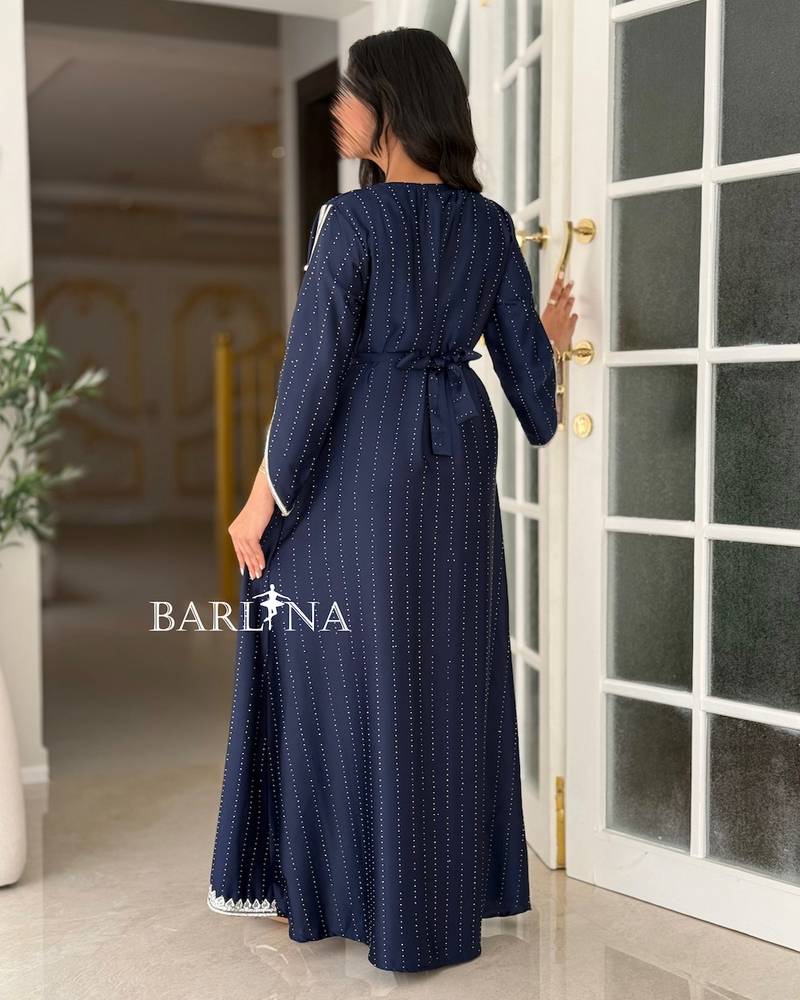 Elegant navy blue kaftan embroidered with delicate beads