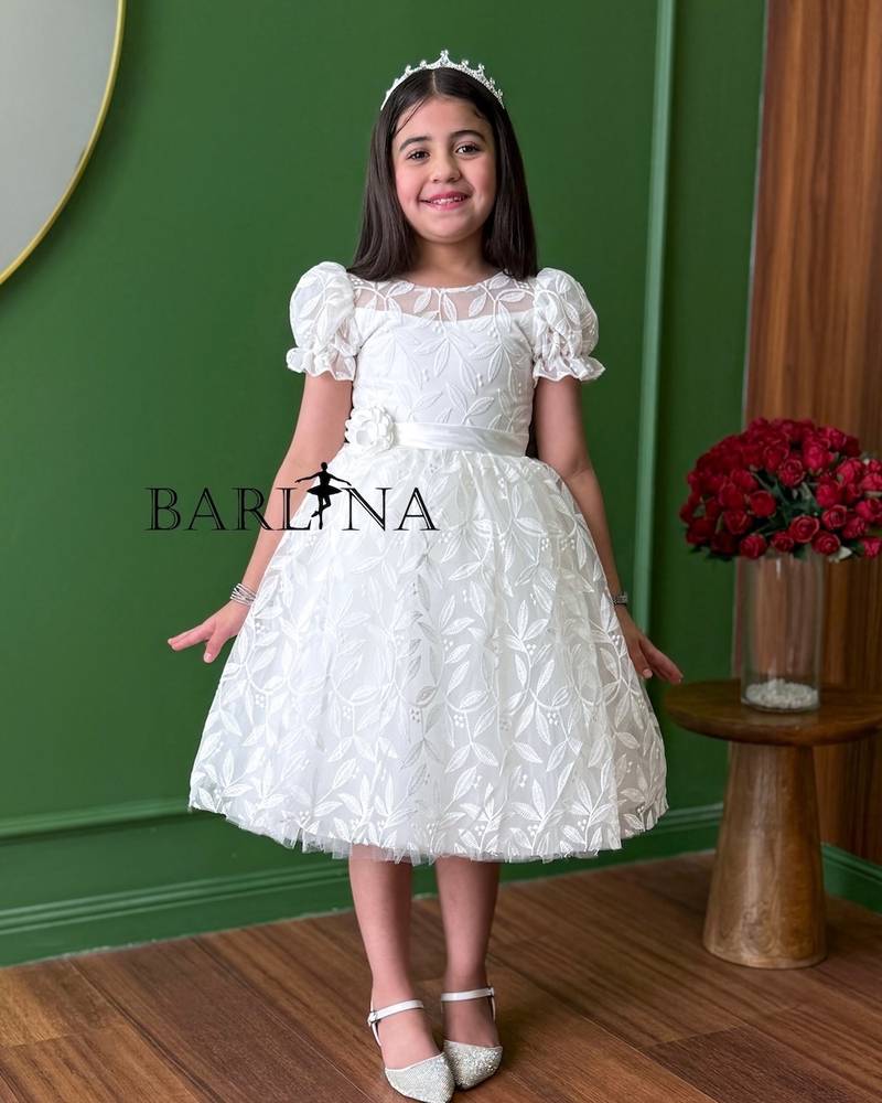 White fluffy girl's dress with delicate embroidery