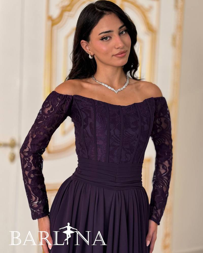 Purple off-shoulder dress with lace details