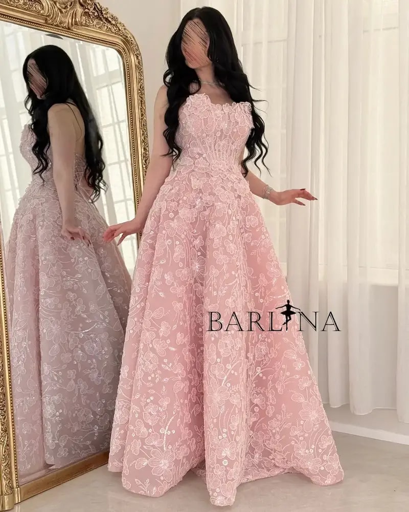 Pink evening dress with all-over floral embroidery
