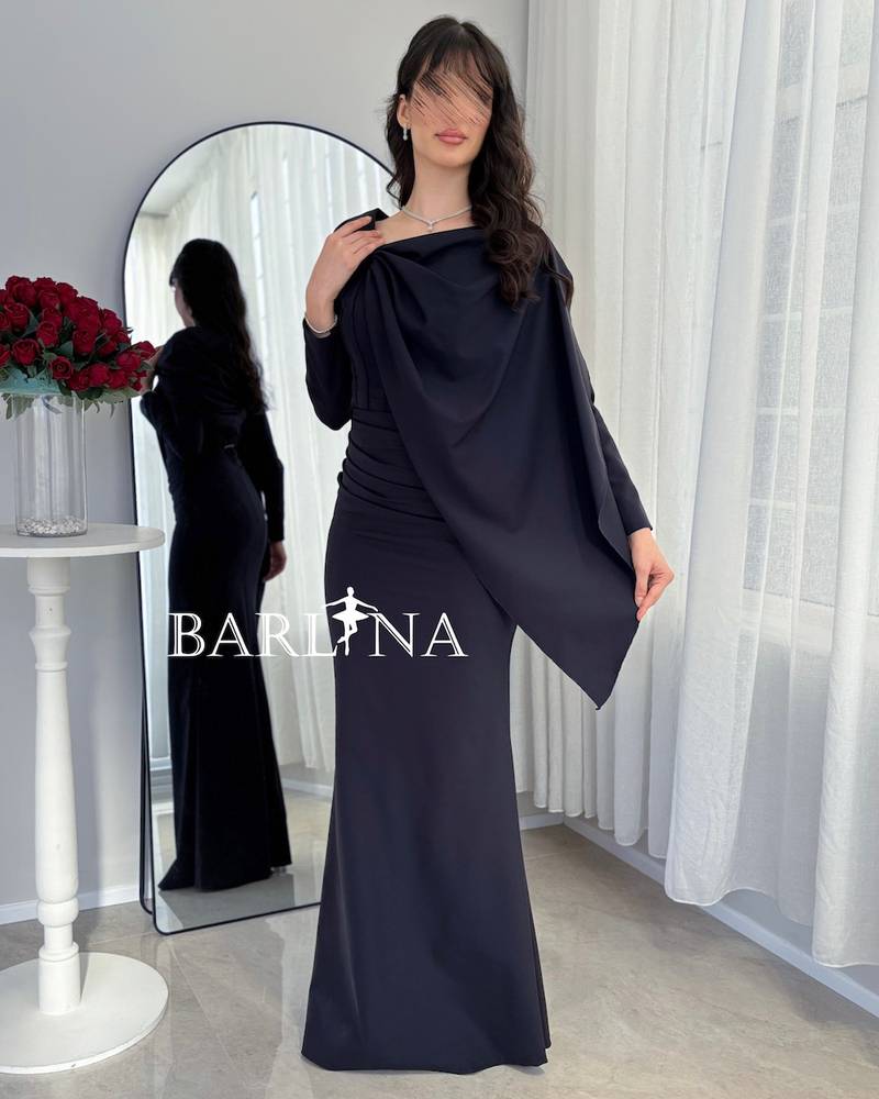 Soft navy fitted dress with side draping