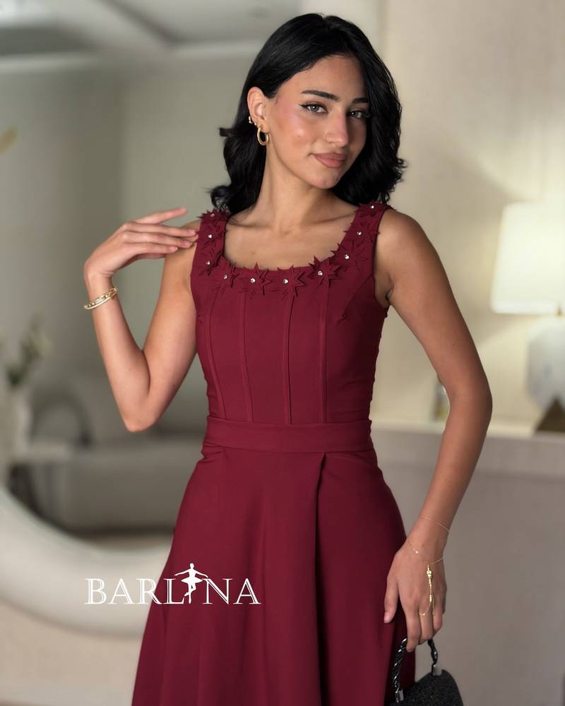 Midi dress with rose embroidery on the collar