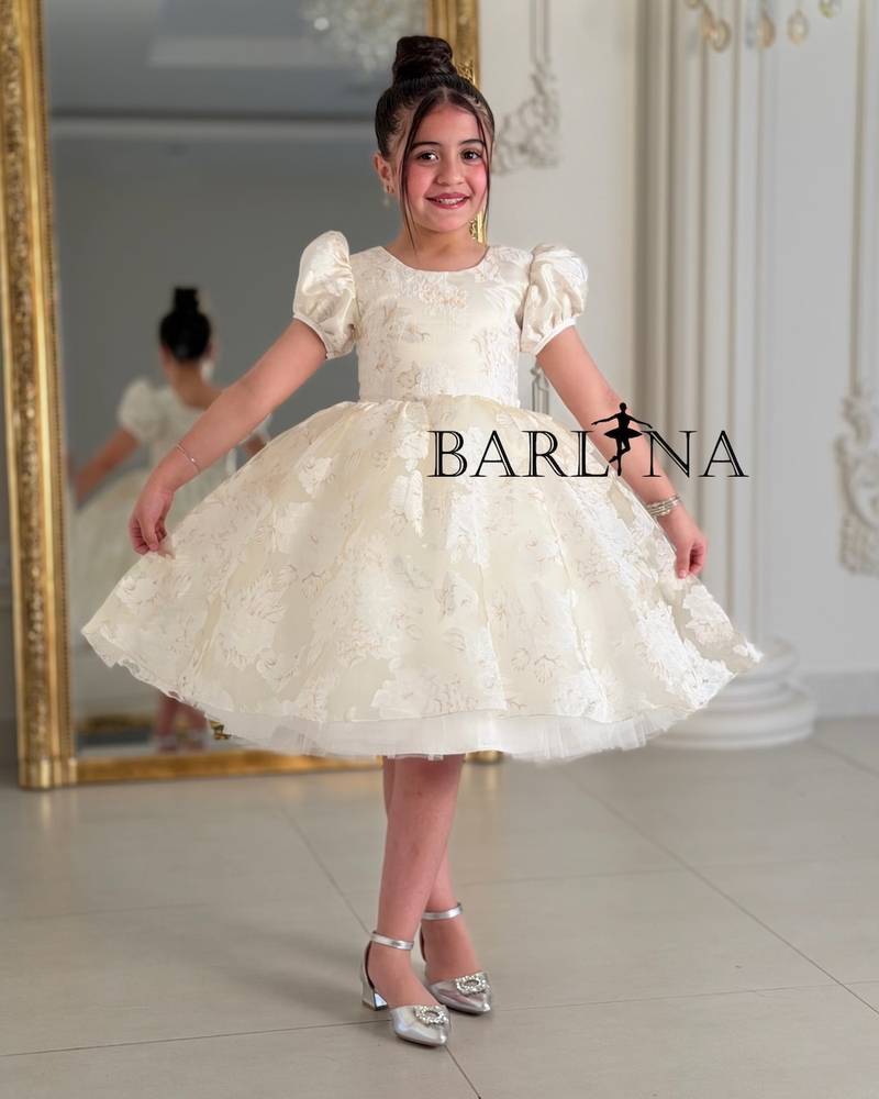 A puffy, off-white girl's dress with a floral print