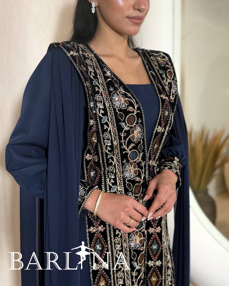 Luxurious navy blue jalabiya with exquisite embroidery
