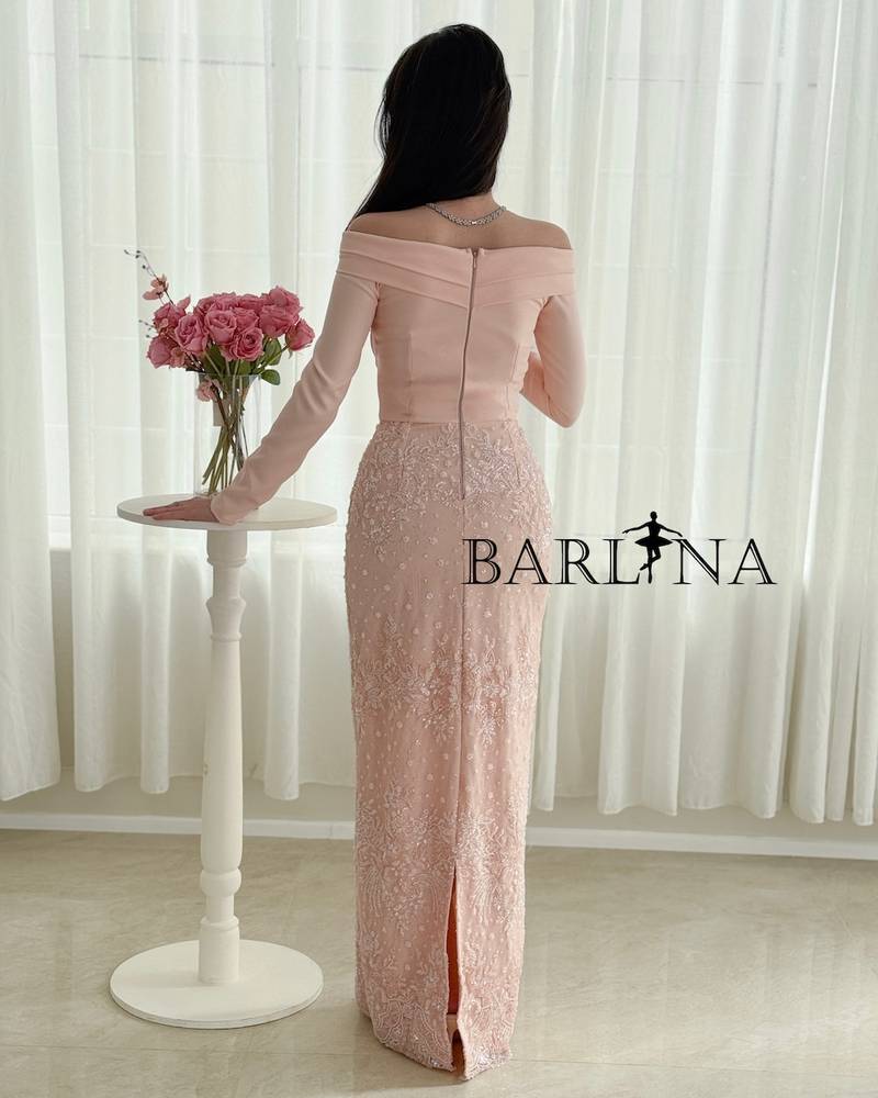 Long pink corset dress with embroidered lace