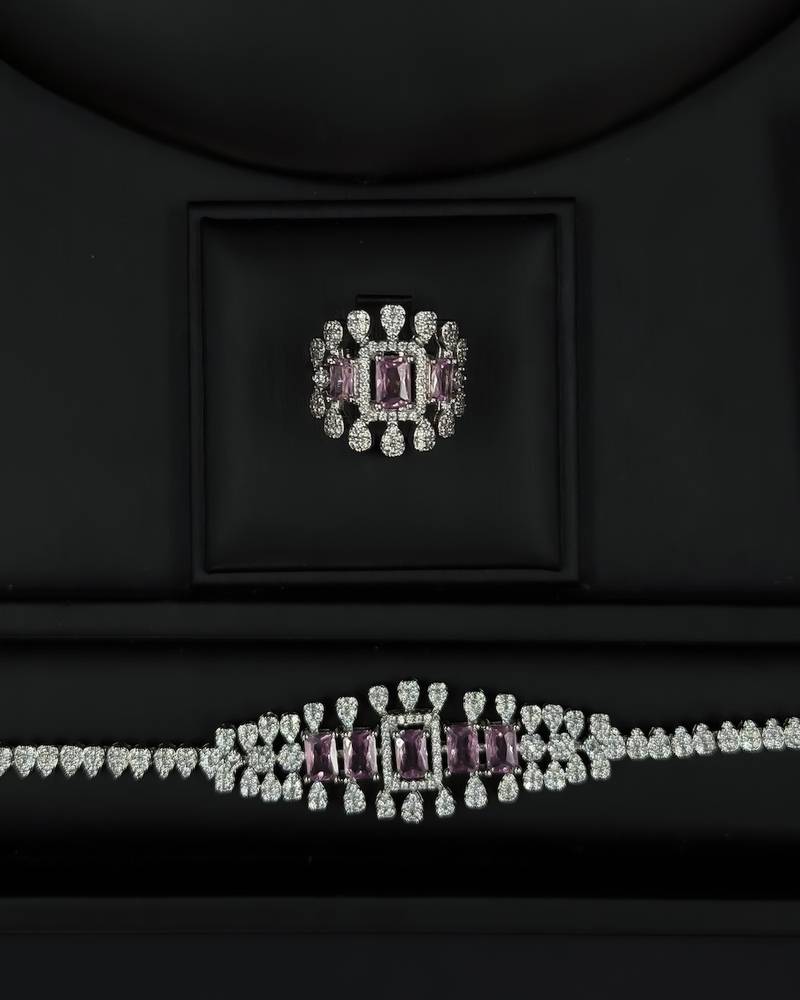 Evening accessory set studded with pink stones