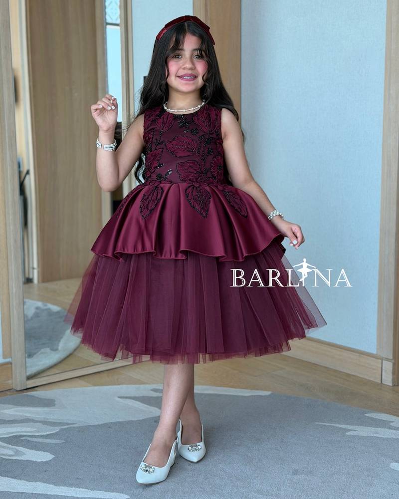 Girls' burgundy dress with a fluffy tulle overlay