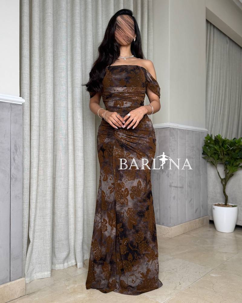 Brown patterned draped off-shoulder dress
