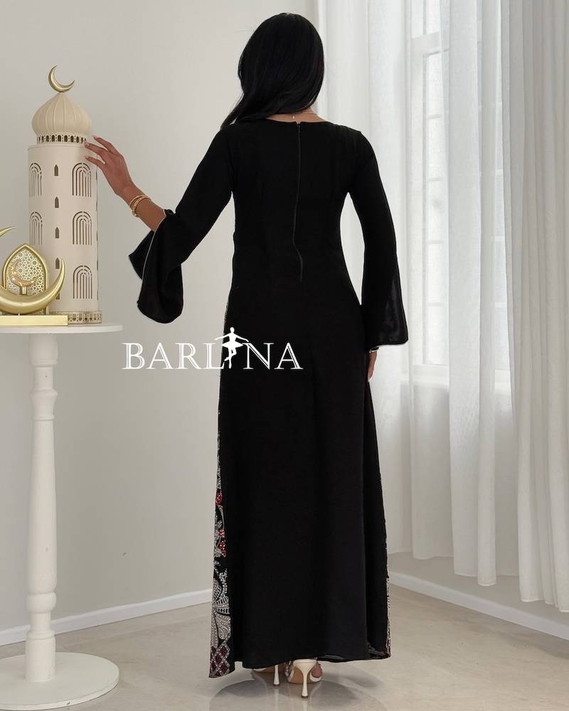 Elegant black jalabiya with silver and red embroidery