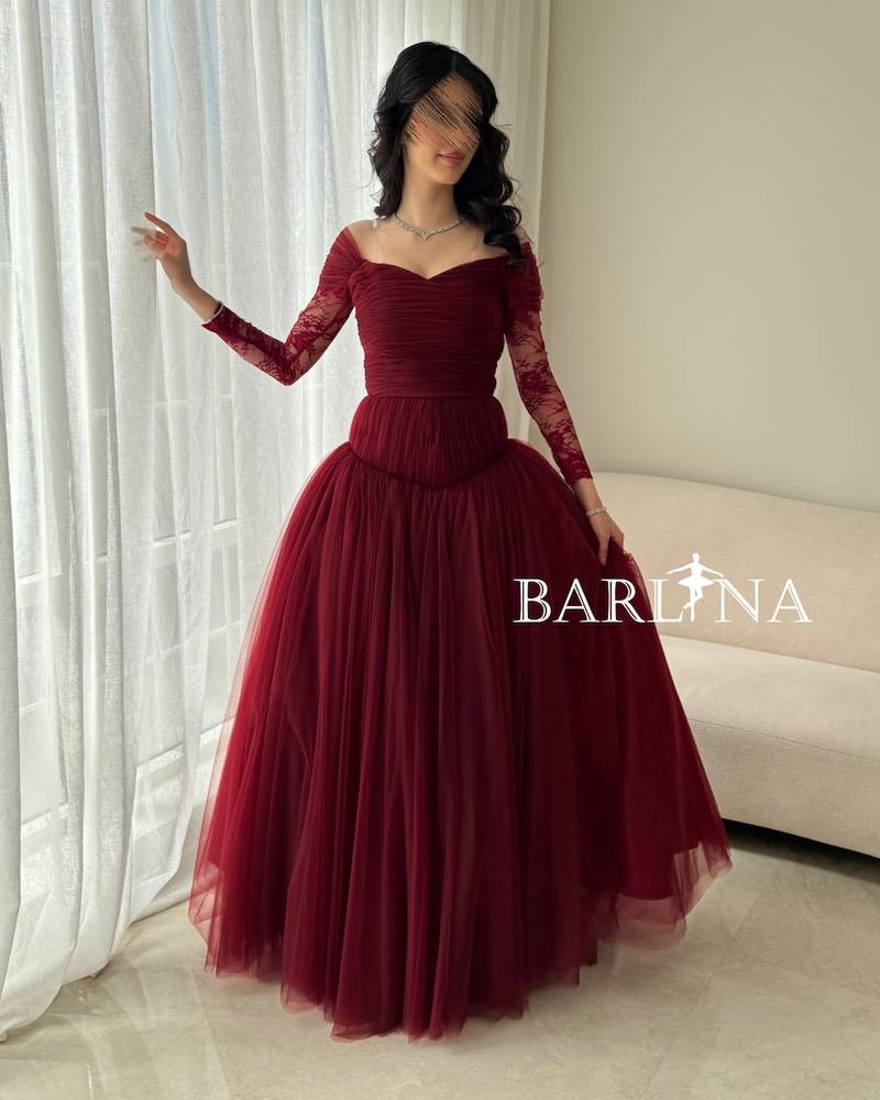 Burgundy tulle dress with long lace sleeves
