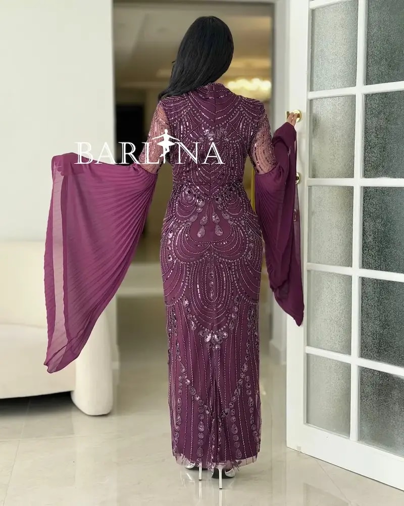 Purple occasion dress with wide sleeves, embroidered