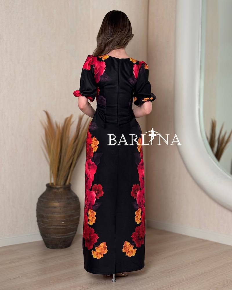 long black dress with a floral print