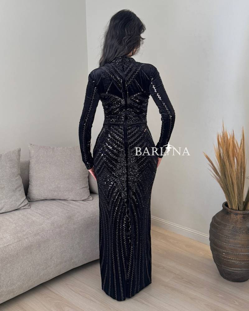Black velvet dress with shimmering embroidery