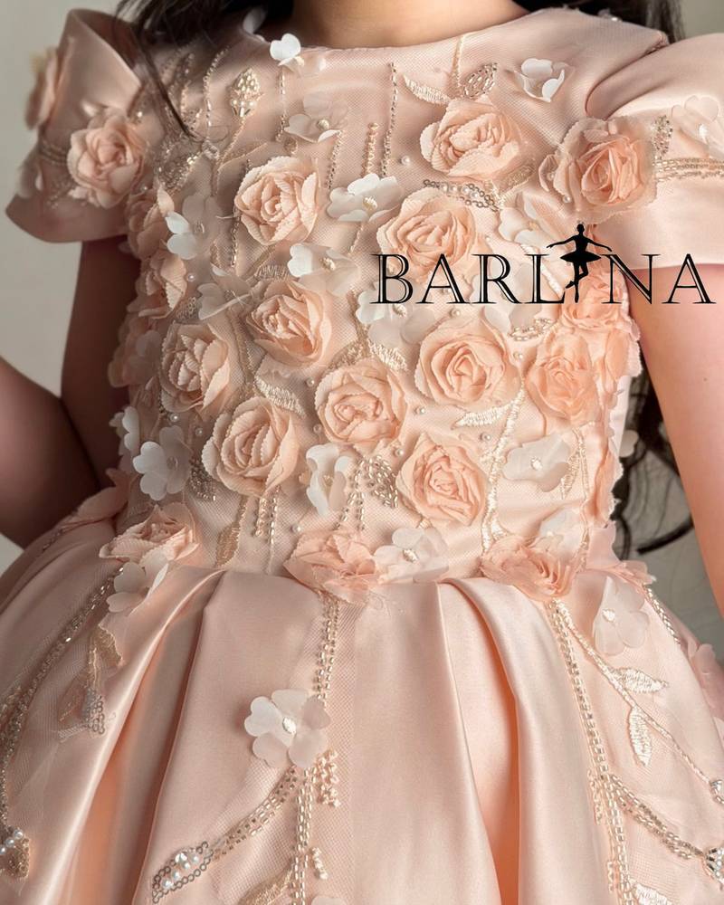 A girl's dress decorated with roses and sparkling embroidery