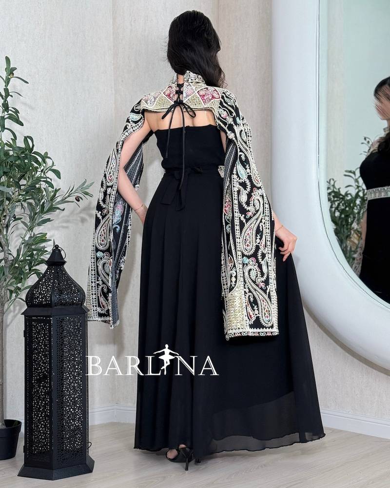 Black jalabiya with a separate embroidered cape