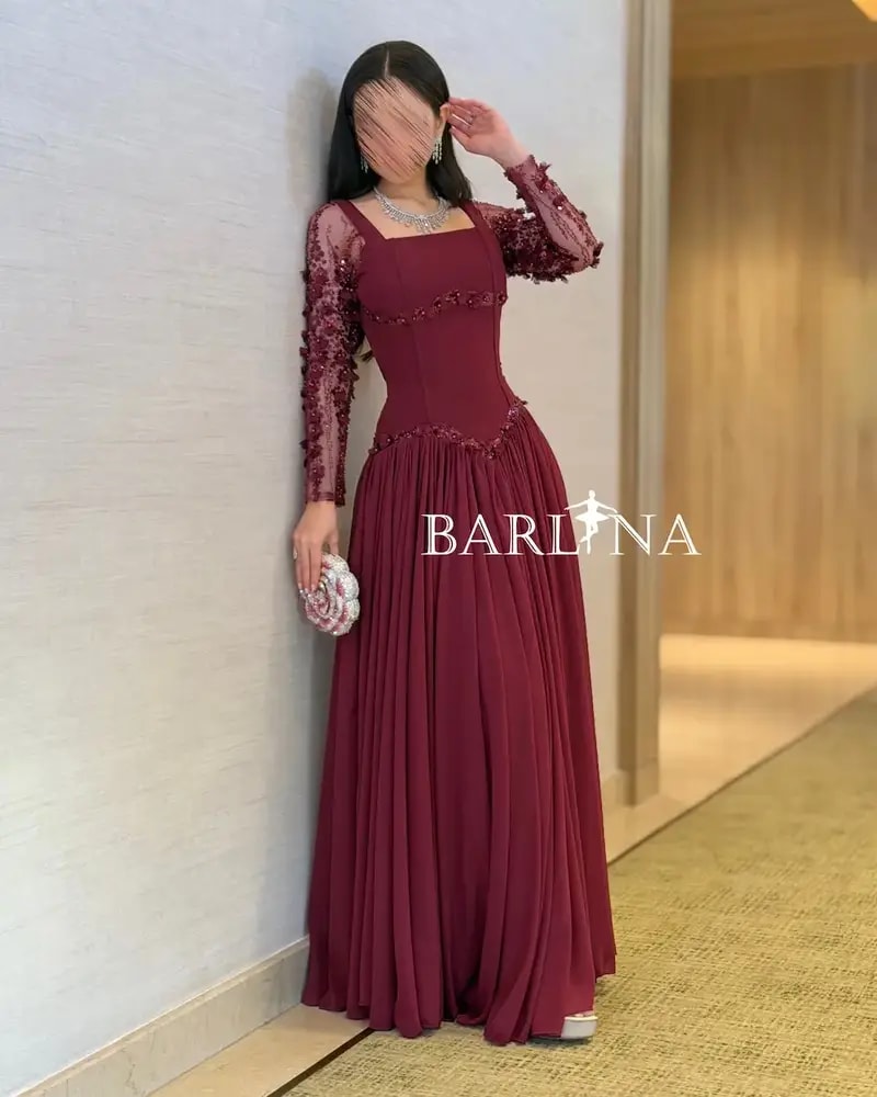 Burgundy dress with embroidered sheer sleeves