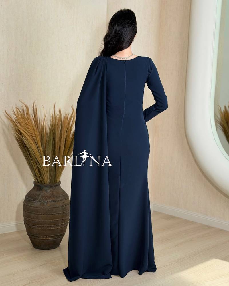 Long navy dress with a side shawl