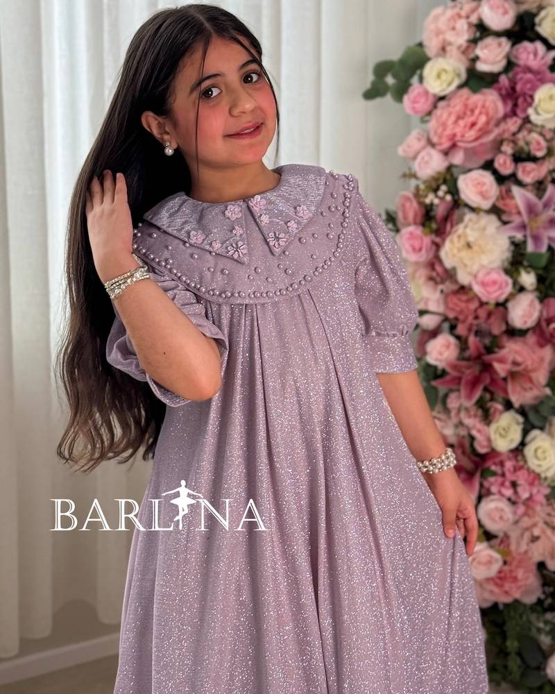 A sparkly girl's dress with a wide embroidered collar