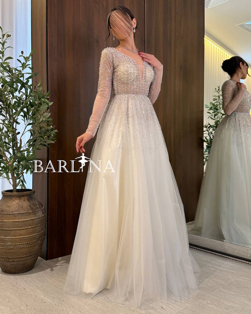  dress with luxurious embroidery and transparent sleeves