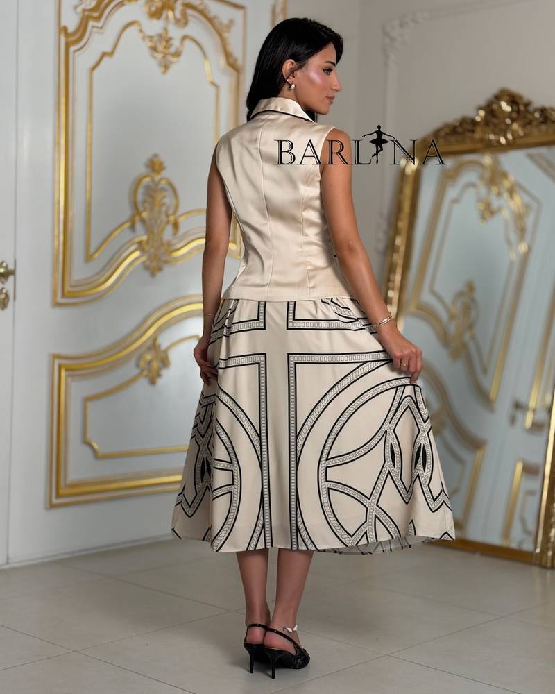 Beige midi two-piece set with black patterns