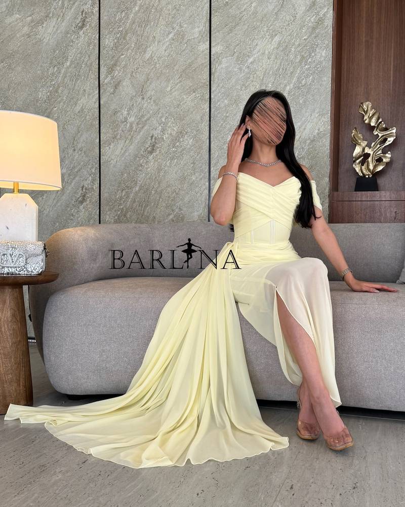 Lemon yellow off-the-shoulder georgette dress
