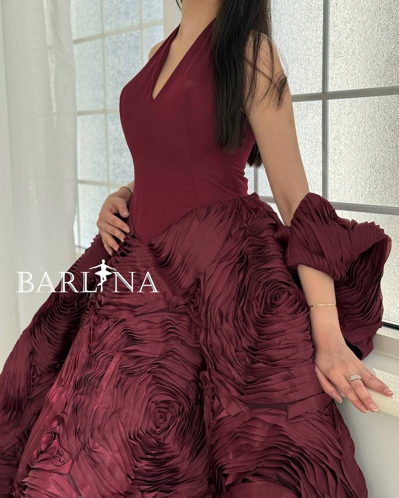 Burgundy puffy halter-style evening dress