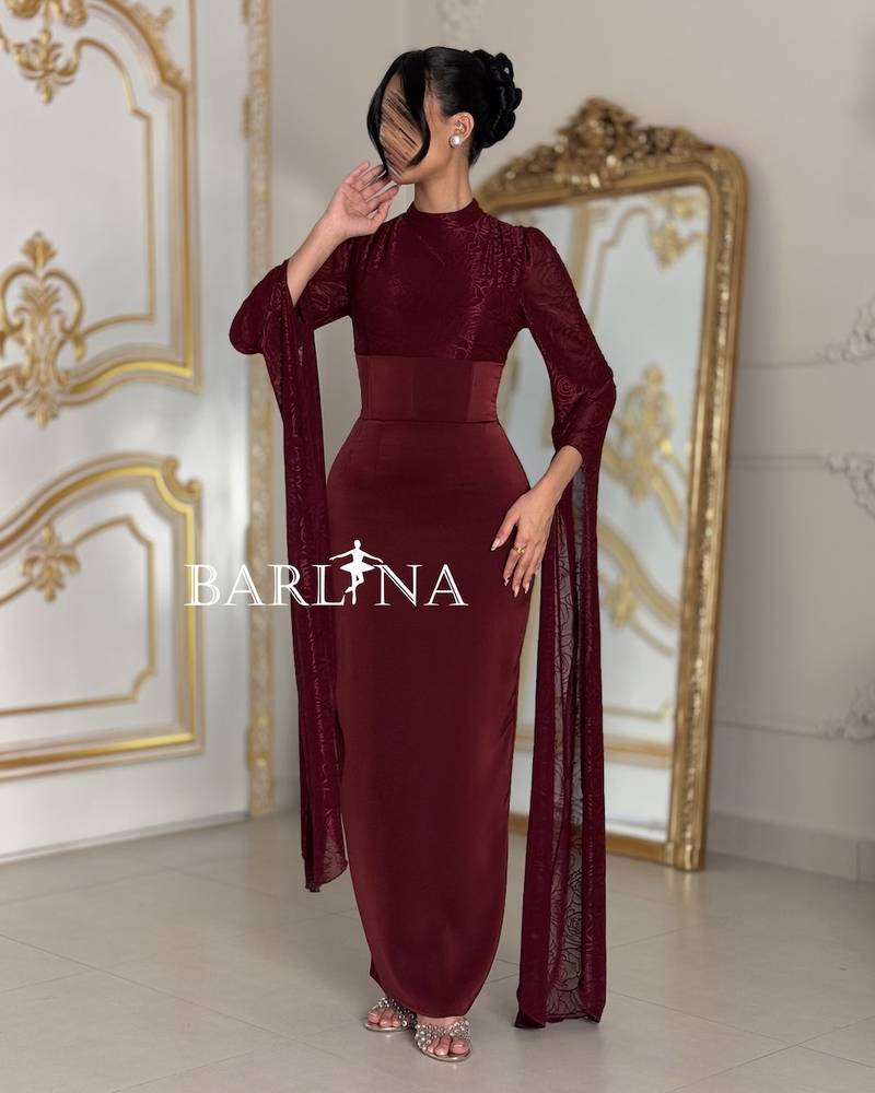 Long dress with sheer, draped sleeves