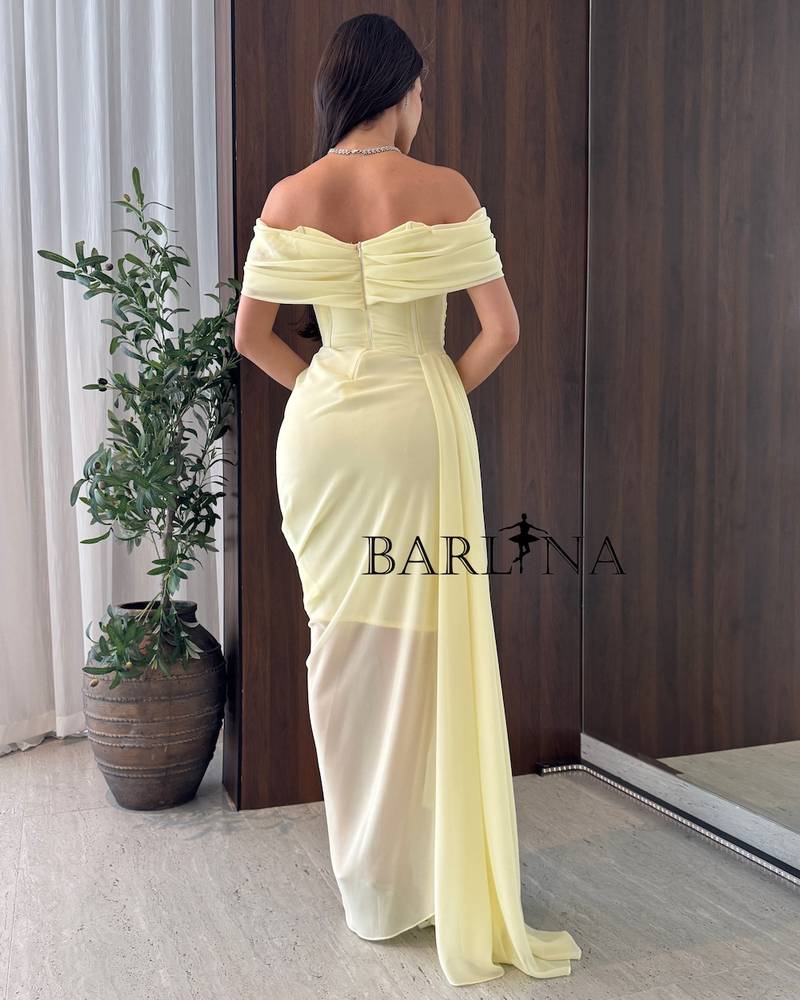 Lemon yellow off-the-shoulder georgette dress