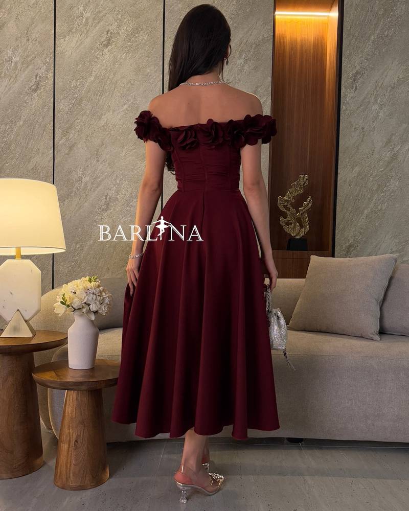 Burgundy Corset Dress with Floral Shoulders