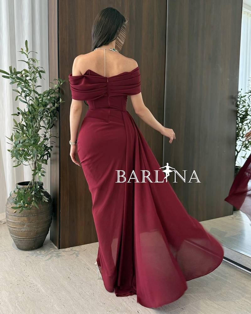 Burgundy off-the-shoulder georgette dress